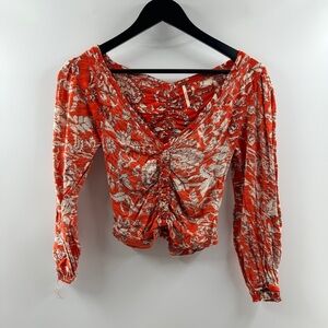 Free People Say The Word Ruched Floral Long Sleeve Crop Top Size XS